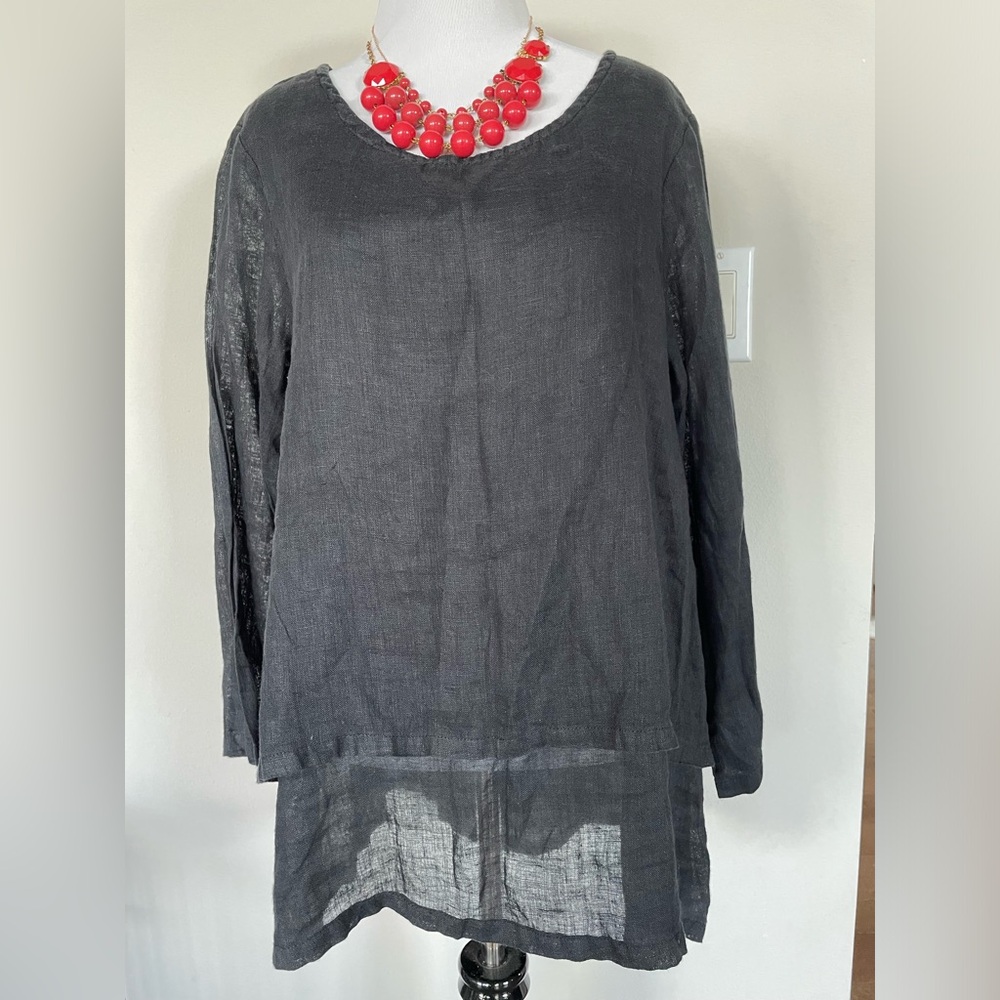 Crown Linen Design Women Long Sleeve Top Black Size M 100% linen